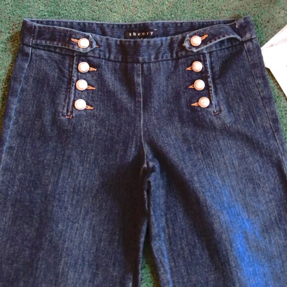 WOMEN'S THEORY JEANS-NEW-SIZE 6-INDIGO-BUTTONS on each SIDE -WIDE LEG - Picture 6 of 7